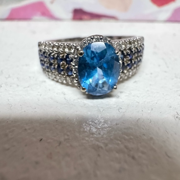 Levian Jewelry - Levian Blue Topaz, Sapphire and 14K White Gold Ring with Diamond Halo Design